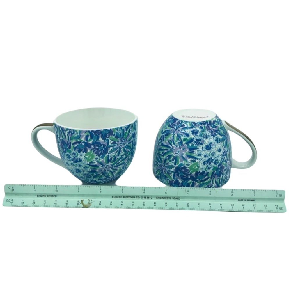 Set of 2 Lilly Pulitzer Mug Cup 12 Oz Floral Blue Gold Handle Hidden Lion - Picture 10 of 11
